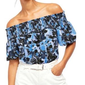 Free People Boho Technicolor Bubble Off Shoulder Top Purple Blue Floral XS